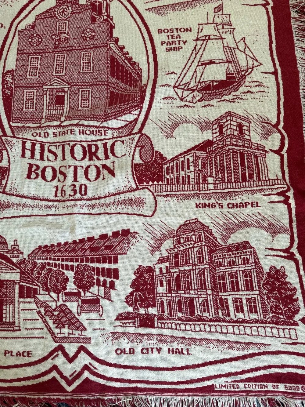 Historic Boston landmarks red and cream woven tapestry throw fringed blanket